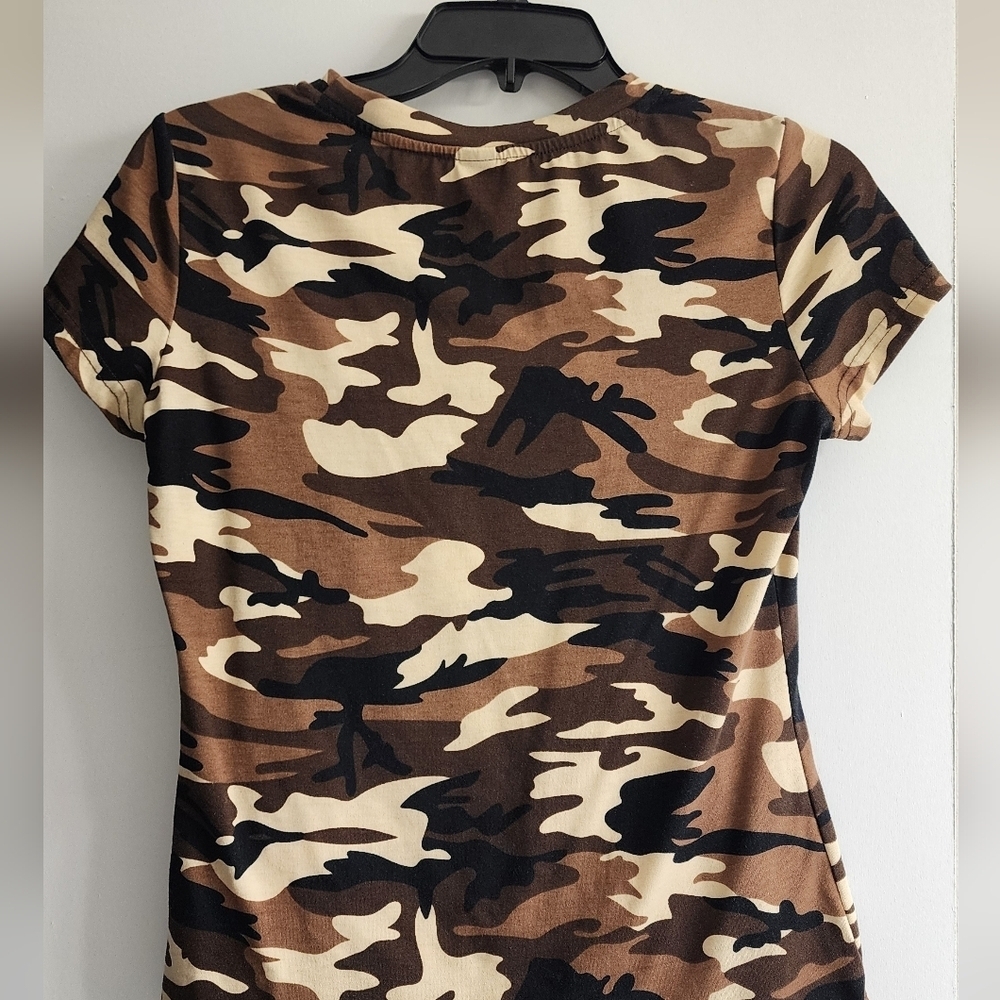 SHEIN Brown Camouflage Shirt Camo Green Beige Stretchy Large Like New Sexy - Picture 6 of 6